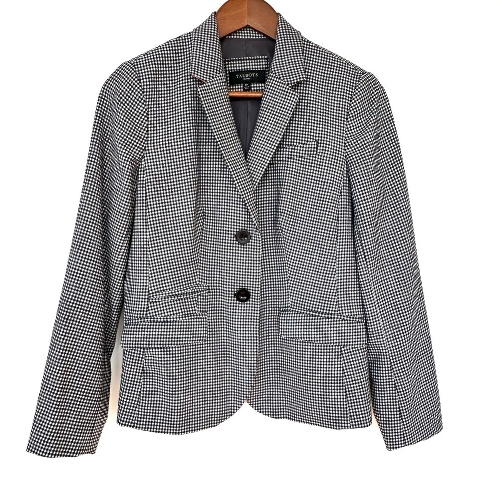 Talbots fitted blazer, single breasted, wool blend, houndstooth, fully lined
